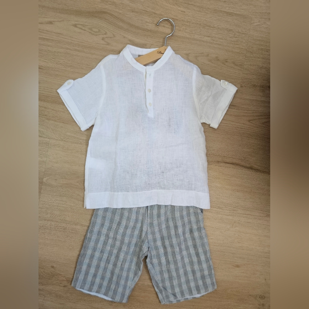 La Stupenderia White Linen Band Collar Henley And Pants In Size 6